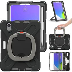 Mobigear RingGuard iPad Mini 7 (2024) Hoes Hard Kunststof,Siliconen Backcover + Stylus Houder + Schouderband + Standaard - Zwart