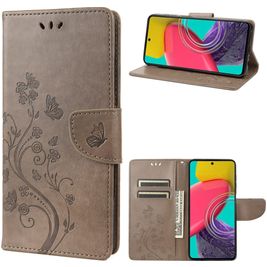 Mobigear Flowers Samsung Galaxy M53 Hoesje Bookcase Portemonnee - Grijs Mobigear Flowers Samsung Galaxy M53 Hoesje Bookcase Portemonnee - Grijs