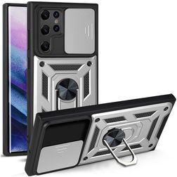 Mobigear Armor Ring Cam Slide Samsung Galaxy S22 Ultra Hoesje Hardcase Backcover Shockproof met Ringhouder - Zilver
