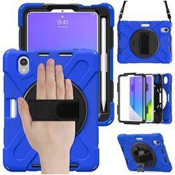 Mobigear SureGrip XGuard iPad Mini 7 (2024) Hoes Hard Kunststof,Siliconen Backcover + Stylus Houder + Schouderband + Standaard - Blauw