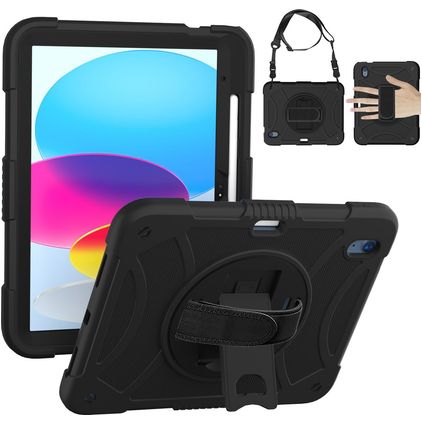 Mobigear SureGrip iPad 11 (2025) Hoes Hard Kunststof,Siliconen Backcover + Stylus Houder + Schouderband + Standaard - Zwart