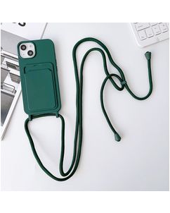 Mobigear Lanyard Card iPhone 15 Siliconen Hoesje met koord en Pasjeshouder - Groen