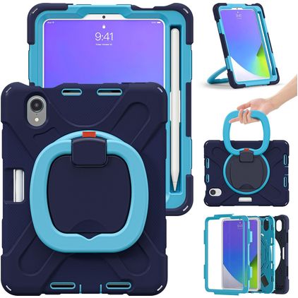 Mobigear RingGuard iPad Mini 6 (2021) Hoes Hard Kunststof,Siliconen Backcover + Stylus Houder + Schouderband + Standaard - Blauw