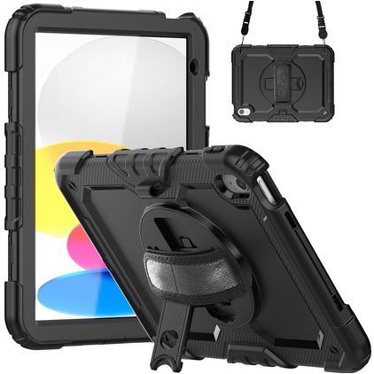 Mobigear SureGrip Xtreme iPad 10 (2022) Hoes Hard Kunststof,Siliconen Backcover + Schouderband + Standaard - Zwart
