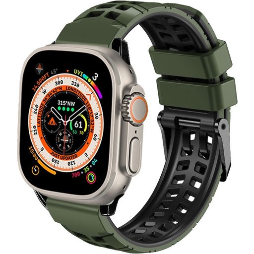 Mobigear Aero Armor Siliconen Apple Watch Bandje Gespsluiting - 49/46/45/44 mm - Zwart / Groen