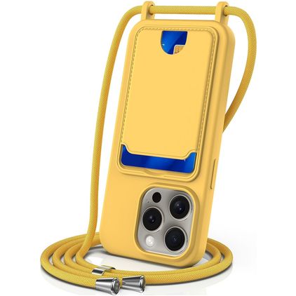 Mobigear Lanyard Card iPhone 16 Pro Max Siliconen Hoesje met koord en Pasjeshouder - Geel