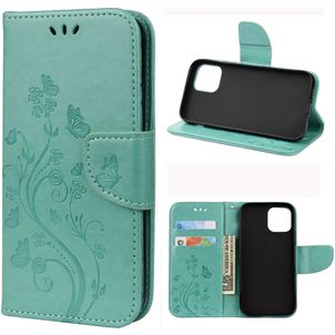 Mobigear Flowers iPhone 12 Mini Hoesje Bookcase Portemonnee - Turquoise