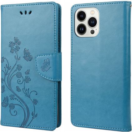 Mobigear Flowers iPhone 14 Pro Hoesje Bookcase Portemonnee - Blauw