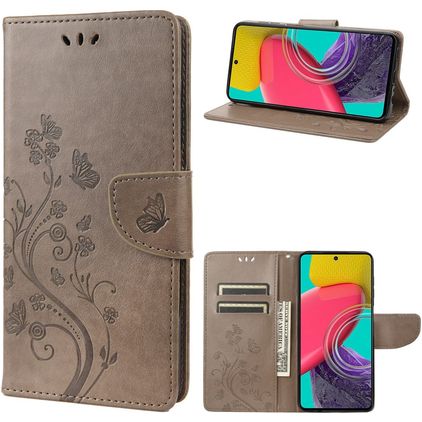 Mobigear Flowers Samsung Galaxy M53 Hoesje Bookcase Portemonnee - Grijs