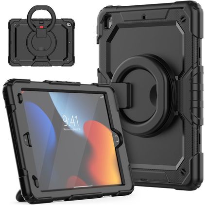 Mobigear RingGuard iPad 9 (2021) Hoes Hard kunststof / Siliconen Backcover + Standaard - Zwart