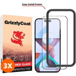 GrizzlyCoat Easy Fit iPhone 15 Pro Glazen Screenprotector - Case Friendly + Installatie Frame - Zwart (3-Pack)