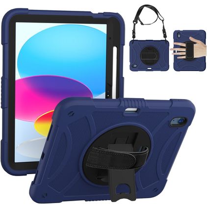 Mobigear SureGrip iPad 10 (2022) Hoes Hard Kunststof,Siliconen Backcover + Stylus Houder + Schouderband + Standaard - Zwart / Blauw