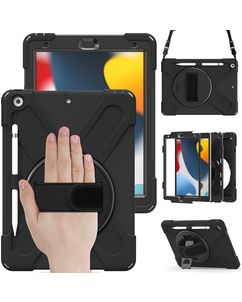 Mobigear SureGrip XGuard iPad 9 (2021) Hoes Hard Kunststof,Siliconen Backcover + Stylus Houder + Schouderband + Standaard - Zwart