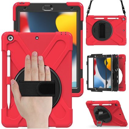 Mobigear SureGrip XGuard iPad 8 (2020) Hoes Hard Kunststof,Siliconen Backcover + Stylus Houder + Schouderband + Standaard - Rood