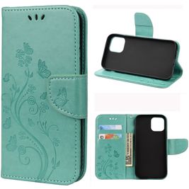 Mobigear Flowers iPhone 12 Hoesje Bookcase Portemonnee - Turquoise