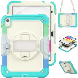 Mobigear SureGrip Xtreme iPad 10 (2022) Hoes Hard Kunststof,Siliconen Backcover + Schouderband + Standaard - Wit / Turquoise