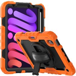 Mobigear SureGrip Xtreme iPad Mini 7 (2024) Hoes Hard Kunststof,Siliconen Backcover + Stylus Houder + Schouderband + Standaard - Zwart / Oranje