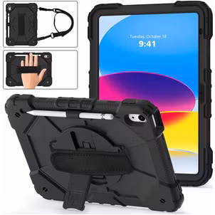 Mobigear SureGrip Xtreme iPad 11 (2025) Hoes Hard Kunststof,Siliconen Backcover + Schouderband + Standaard - Zwart