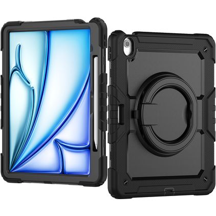 Mobilize Rotating Defender iPad Air 13 Inch (2025) Hoes Hard Kunststof,Siliconen Backcover + Schouderband + Standaard - Zwart