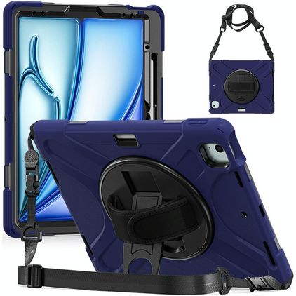Mobigear SureGrip XGuard iPad Air 13 Inch (2026) Hoes Hard Kunststof,Siliconen Backcover + Stylus Houder + Schouderband + Standaard - Marineblauw