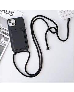 Mobigear Lanyard Card iPhone 15 Siliconen Hoesje met koord en Pasjeshouder - Zwart