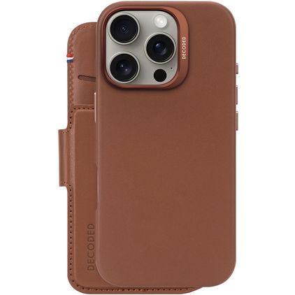 Decoded Detachable Wallet iPhone 16 Pro MagSafe Hoesje Echt Leer Uitneembare 2in1 Bookcase Portemonnee - Tan