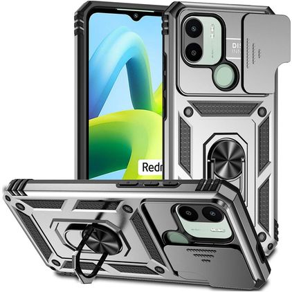 Mobigear Armor Ring Cam Slide Xiaomi Redmi A1 4G Hoesje Hardcase Backcover Shockproof met Ringhouder en Camera Slider - Zilver