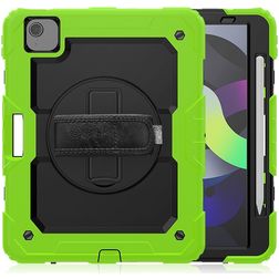 Mobigear SureGrip Xtreme iPad Air 4 (2020) Hoes Hard Kunststof,Siliconen Backcover + Stylus Houder + Schouderband + Standaard - Zwart / Groen