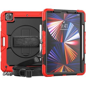 Mobigear SureGrip Xtreme iPad Pro 12.9 Inch (2020) Hoes Hard Kunststof,Siliconen Backcover + Stylus Houder + Schouderband + Standaard - Zwart / Rood