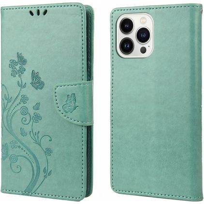 Mobigear Flowers iPhone 14 Pro Hoesje Bookcase Portemonnee - Groen
