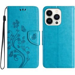 Mobigear Flowers iPhone 16 Pro Hoesje Bookcase Portemonnee - Blauw