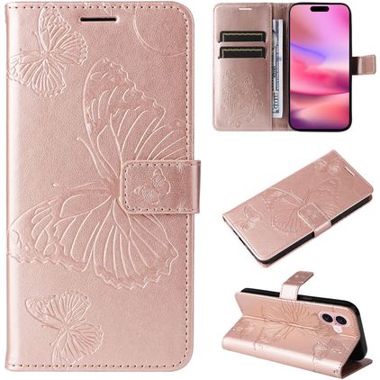 Mobigear Butterfly iPhone 16 Hoesje Bookcase Portemonnee - Roségoud