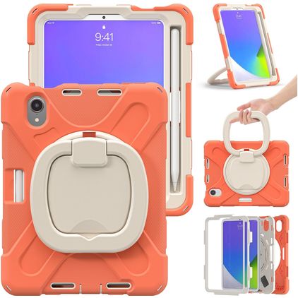 Mobigear RingGuard iPad Mini 6 (2021) Hoes Hard Kunststof,Siliconen Backcover + Stylus Houder + Schouderband + Standaard - Oranje