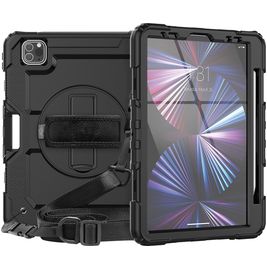 Mobigear SureGrip Xtreme iPad Pro 11 Inch (2025) Hoes Hard Kunststof,Siliconen Backcover + Stylus Houder + Schouderband + Standaard - Zwart