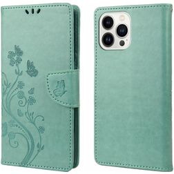 Mobigear Flowers iPhone 14 Pro Hoesje Bookcase Portemonnee - Groen