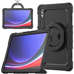 Mobigear RingGuard Samsung Galaxy Tab S10 Ultra Hoes Hard Kunststof,Siliconen Backcover + Stylus Houder + Schouderband + Standaard - Zwart