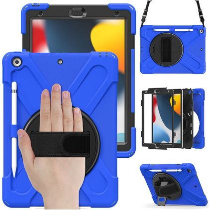 Mobigear SureGrip XGuard iPad 8 (2020) Hoes Hard Kunststof,Siliconen Backcover + Stylus Houder + Schouderband + Standaard - Blauw