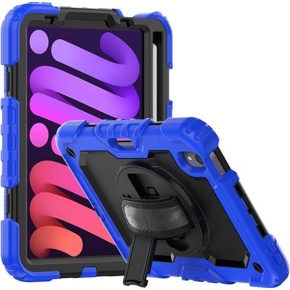 Mobigear SureGrip Xtreme iPad Mini 7 (2024) Hoes Hard Kunststof,Siliconen Backcover + Stylus Houder + Schouderband + Standaard - Zwart / Donkerblauw