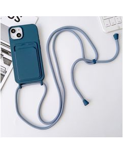 Mobigear Lanyard Card iPhone 15 Siliconen Hoesje met koord en Pasjeshouder - Donkerblauw