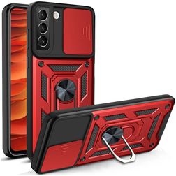 Mobigear Armor Ring Cam Slide Samsung Galaxy S22 Hoesje Hardcase Backcover Shockproof met Ringhouder en Camera Slider - Rood