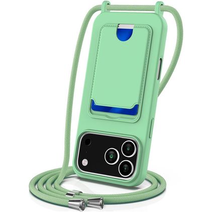 Mobigear Lanyard Card iPhone 18 Pro Max Siliconen Hoesje met koord en Pasjeshouder - Groen