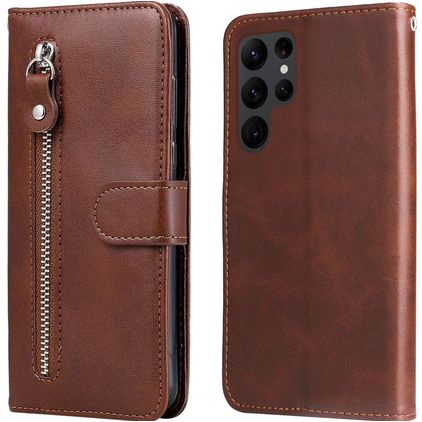 Mobigear Zipper Samsung Galaxy S23 Ultra Hoesje Bookcase Portemonnee - Bruin