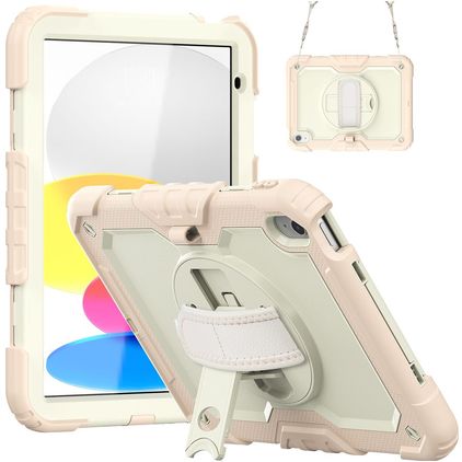 Mobigear SureGrip Xtreme iPad 10 (2022) Hoes Hard kunststof / Siliconen Backcover + Schouderband + Standaard - Wit / Roségoud