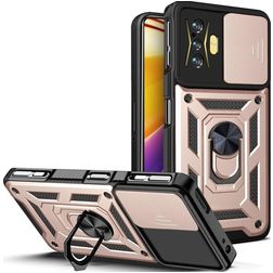 Mobigear Armor Ring Cam Slide POCO F4 GT Hoesje Hardcase Backcover Shockproof met Ringhouder en Camera Slider - Roségoud