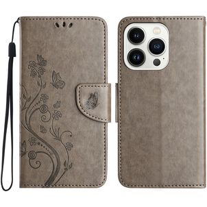 Mobigear Flowers iPhone 16 Pro Hoesje Bookcase Portemonnee - Grijs