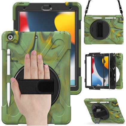 Mobigear SureGrip XGuard iPad 7 (2019) Hoes Hard Kunststof,Siliconen Backcover + Stylus Houder + Schouderband + Standaard - Camouflage