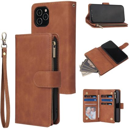 Mobigear Zipper iPhone 12 Hoesje Bookcase Portemonnee - Bruin