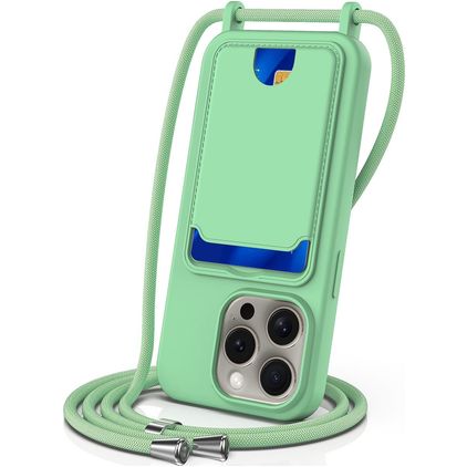 Mobigear Lanyard Card iPhone 16 Pro Max Siliconen Hoesje met koord en Pasjeshouder - Groen