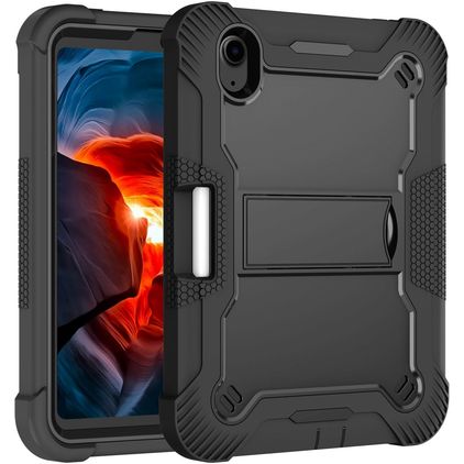 Mobigear ShieldStand iPad Mini 7 (2024) Hoes Hard Kunststof,Siliconen Backcover + Stylus Houder + Standaard - Zwart