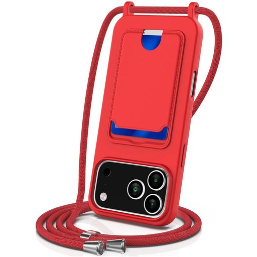 Mobigear Lanyard Card iPhone 17 Pro Max Siliconen Hoesje met koord en Pasjeshouder - Rood